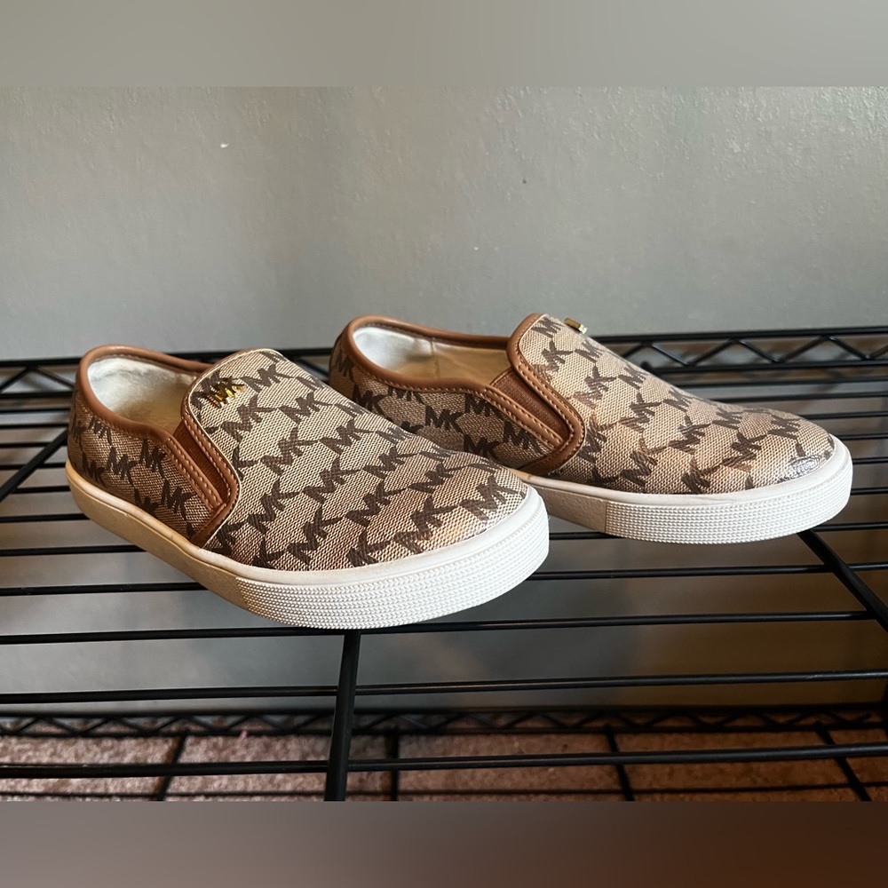 Michael Kors Tan and Brown Logo Slip-On Shoes